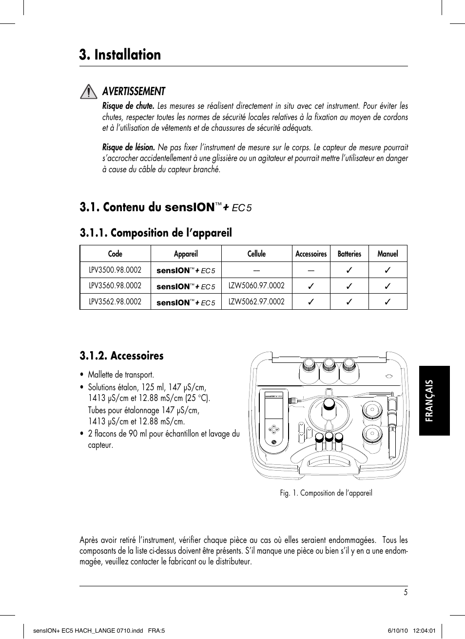 Installation, Contenu du sension, Composition de l’appareil | Avertissement, Accessoires, Français, Ec 5 | Hach-Lange SENSION+ EC5 User Manual | Page 53 / 74
