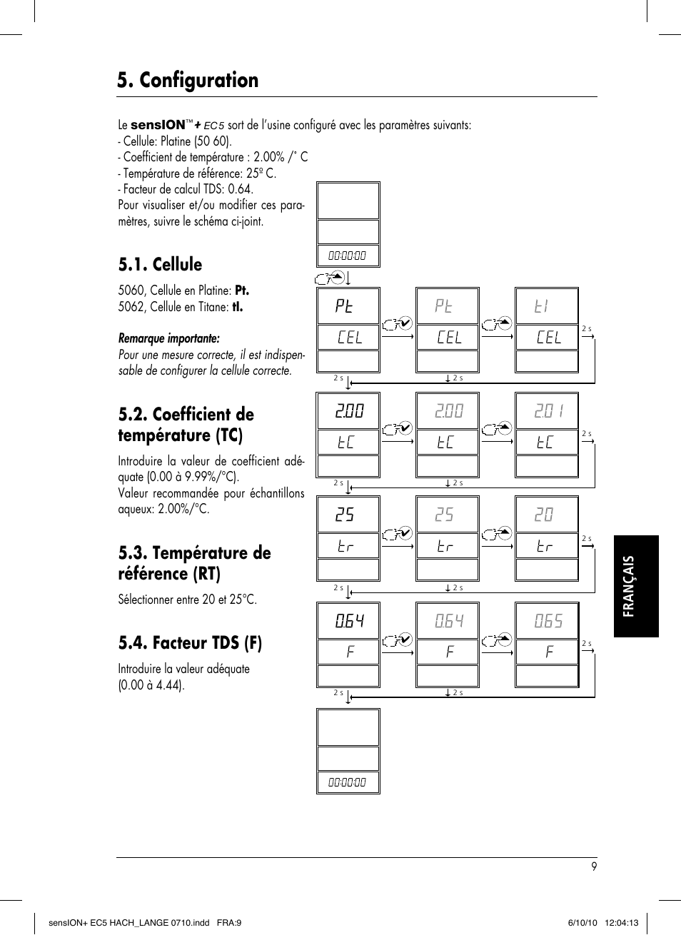 Configuration, Cellule, Coefficient de température (tc) | Température de référence (rt), Facteur tds (f), Français | Hach-Lange SENSION+ EC5 User Manual | Page 57 / 74