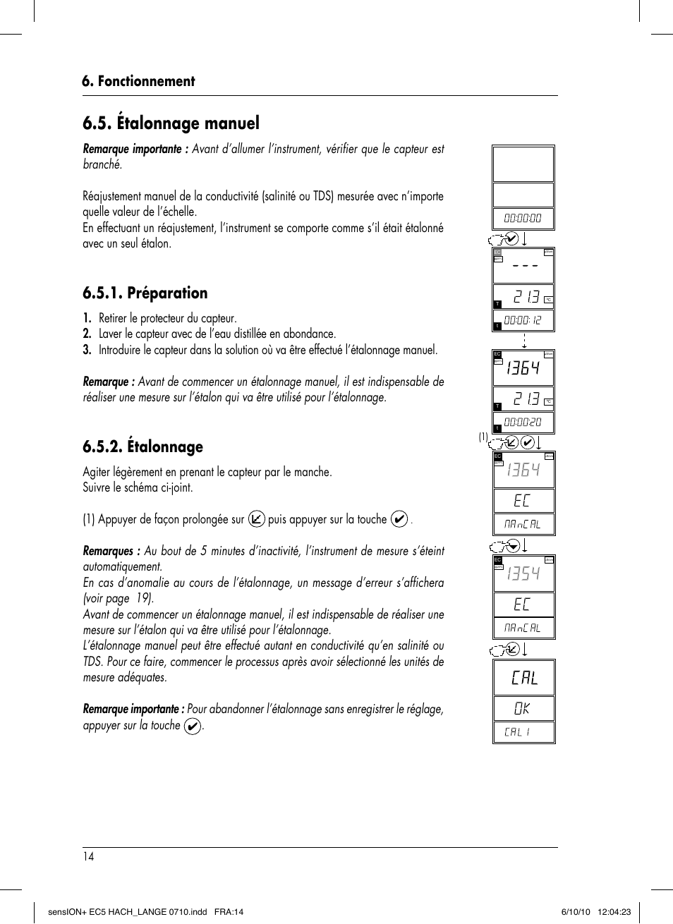 Étalonnage manuel, Préparation, Étalonnage | Fonctionnement, Puis appuyer sur la touche | Hach-Lange SENSION+ EC5 User Manual | Page 62 / 74