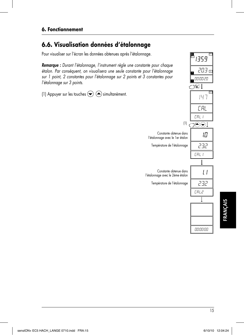 Visualisation données d’étalonnage, Fonctionnement français, Simultanément | Hach-Lange SENSION+ EC5 User Manual | Page 63 / 74