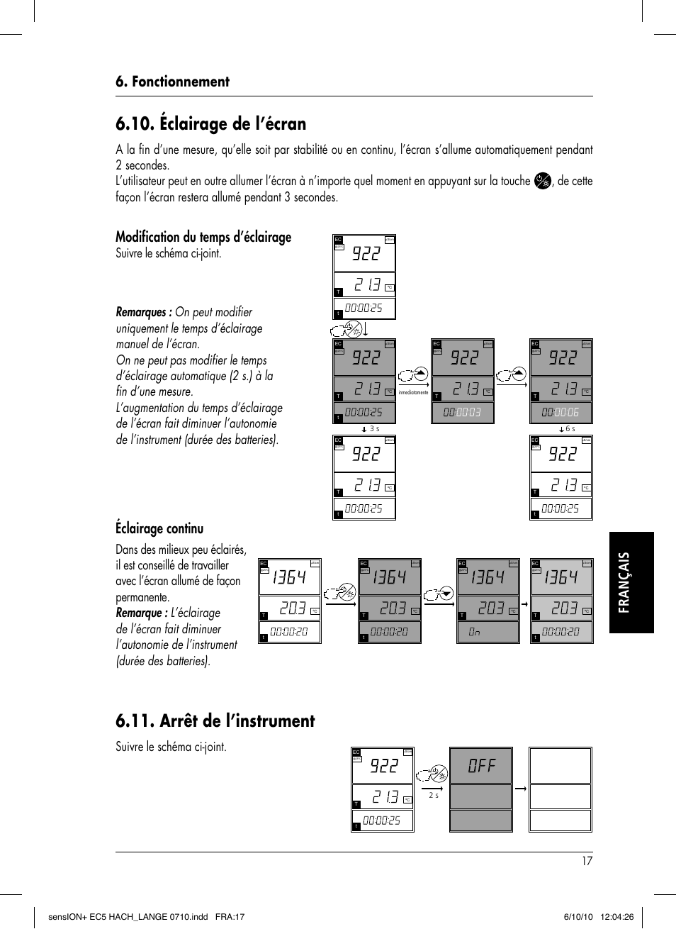 Éclairage de l’écran, Arrêt de l’instrument, Fonctionnement français | Modification du temps d’éclairage, Éclairage continu, Suivre le schéma ci-joint | Hach-Lange SENSION+ EC5 User Manual | Page 65 / 74