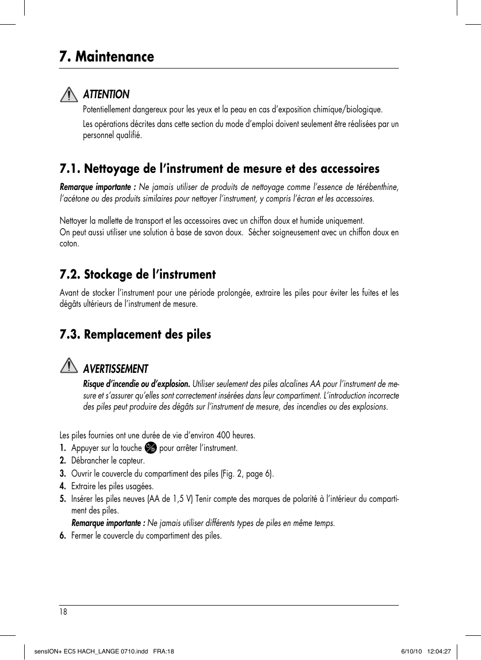 Maintenance, Stockage de l’instrument, Remplacement des piles | Attention, Avertissement | Hach-Lange SENSION+ EC5 User Manual | Page 66 / 74