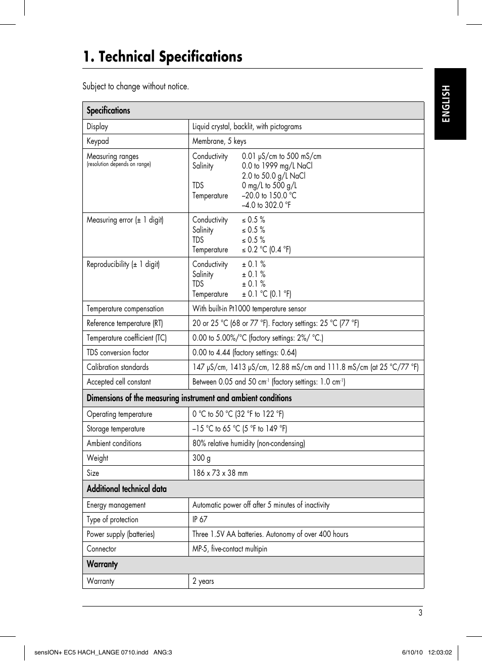 Technical specifications, English | Hach-Lange SENSION+ EC5 User Manual | Page 7 / 74