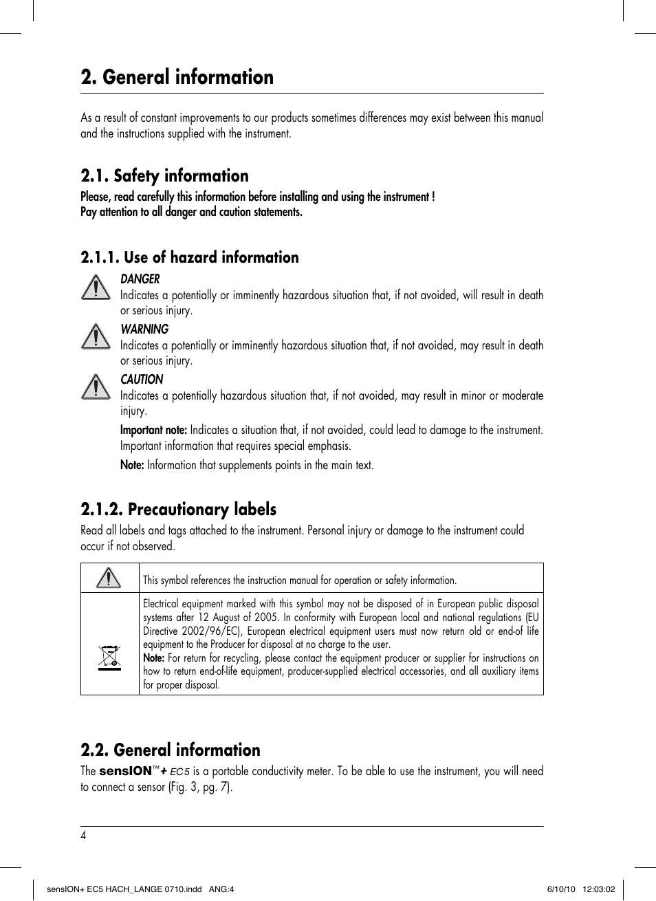 General information, Safety information, Precautionary labels | Use of hazard information | Hach-Lange SENSION+ EC5 User Manual | Page 8 / 74