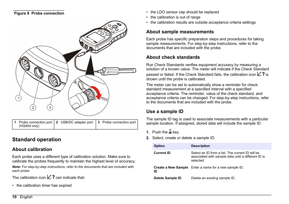 Standard operation, About calibration, About sample measurements | About check standards, Use a sample id | Hach-Lange HQ30D Basic User Manual User Manual | Page 10 / 354