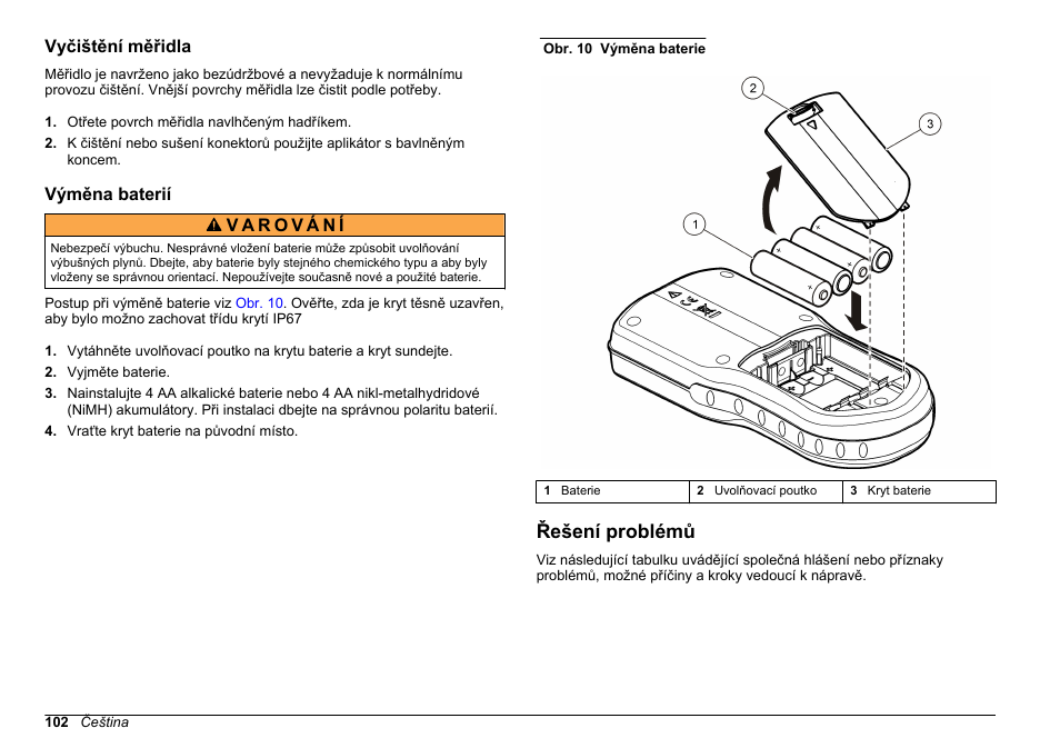 Vyčištění měřidla, Výměna baterií, Řešení problémů | Na straně 102 | Hach-Lange HQ30D Basic User Manual User Manual | Page 102 / 354