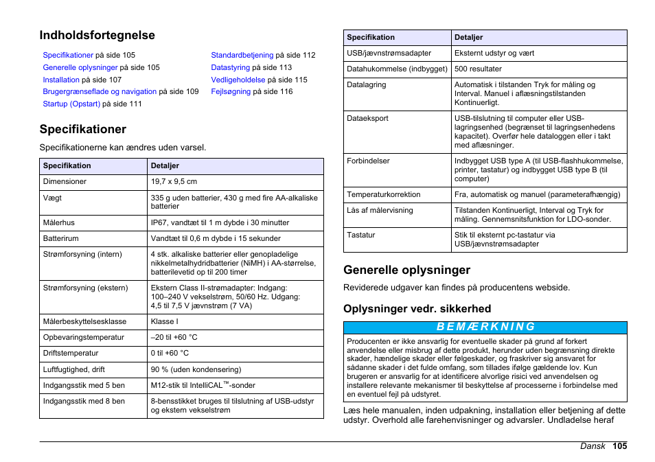 Grundlæggende brugervejledning, Indholdsfortegnelse, Specifikationer | Generelle oplysninger, Oplysninger vedr. sikkerhed, Dansk | Hach-Lange HQ30D Basic User Manual User Manual | Page 105 / 354