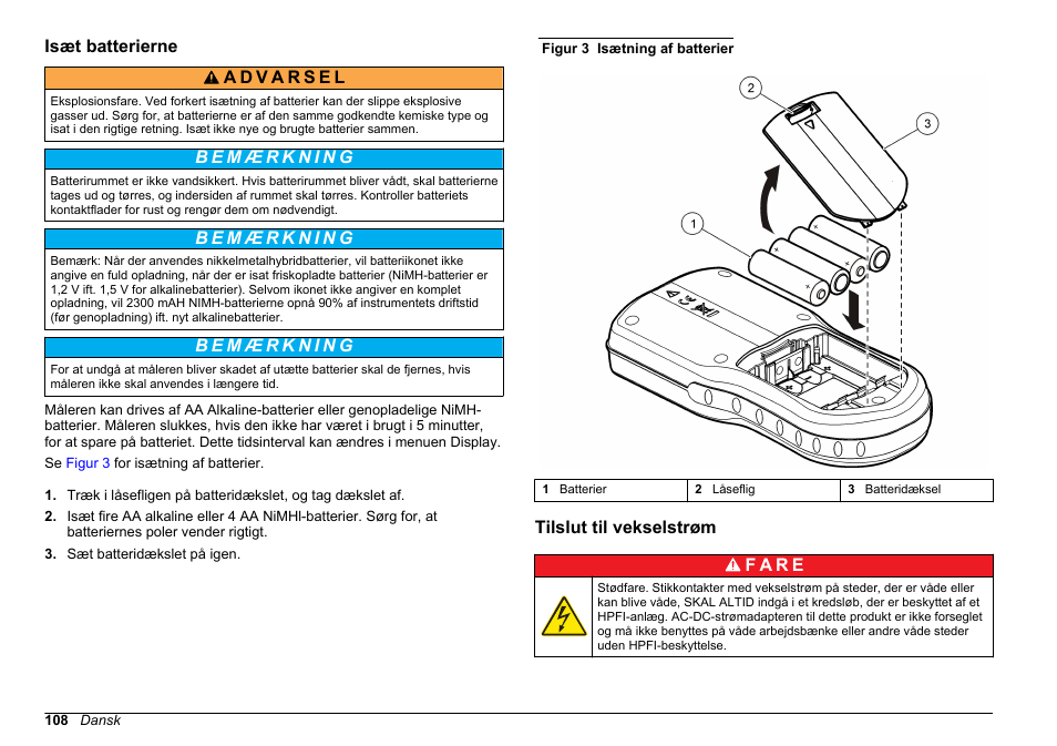 Isæt batterierne, Tilslut til vekselstrøm | Hach-Lange HQ30D Basic User Manual User Manual | Page 108 / 354