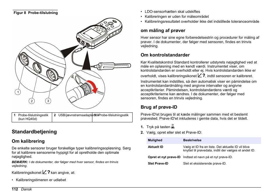 Standardbetjening, Om kalibrering, Om måling af prøver | Om kontrolstandarder, Brug af prøve-id, På side | Hach-Lange HQ30D Basic User Manual User Manual | Page 112 / 354