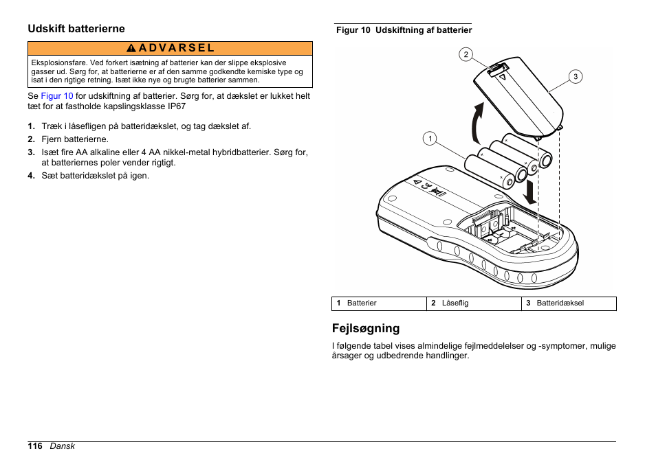 Udskift batterierne, Fejlsøgning | Hach-Lange HQ30D Basic User Manual User Manual | Page 116 / 354