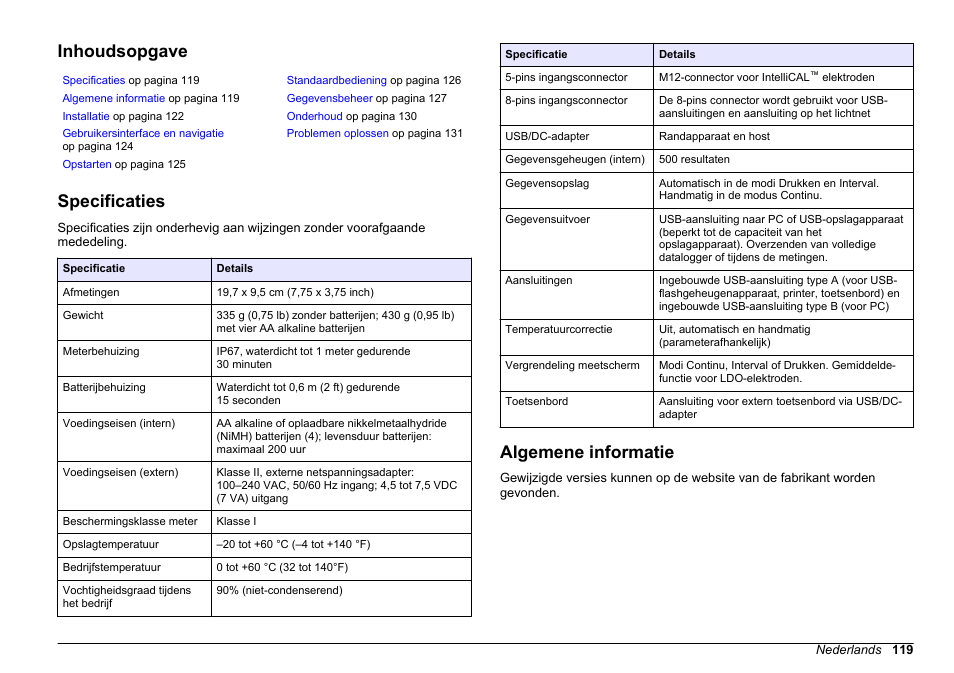 Basisgebruikershandleiding, Inhoudsopgave, Specificaties | Algemene informatie, Nederlands | Hach-Lange HQ30D Basic User Manual User Manual | Page 119 / 354