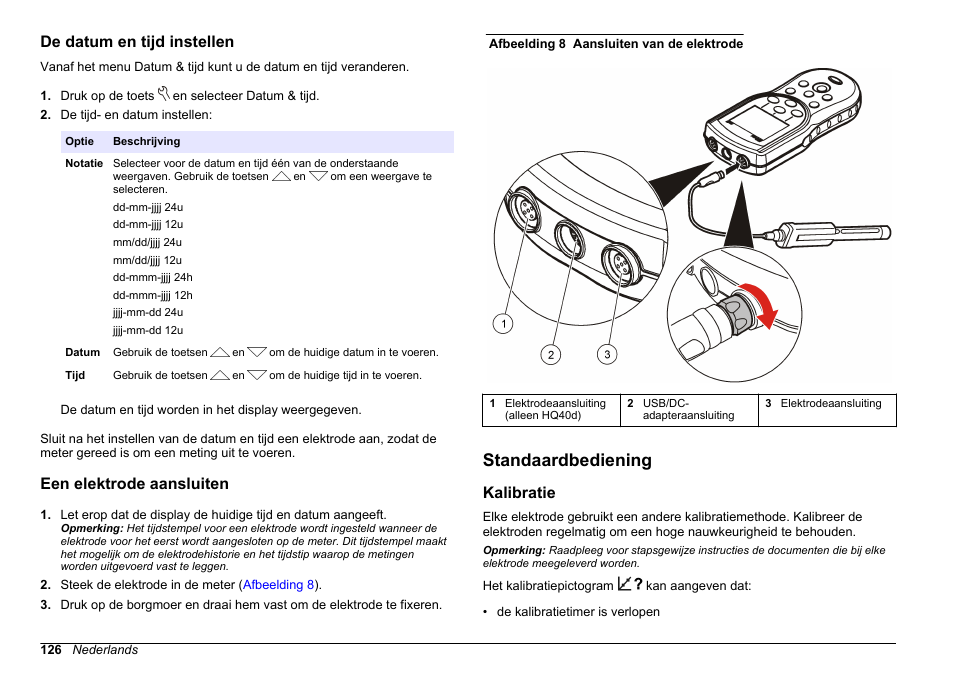 De datum en tijd instellen, Een elektrode aansluiten, Standaardbediening | Kalibratie | Hach-Lange HQ30D Basic User Manual User Manual | Page 126 / 354