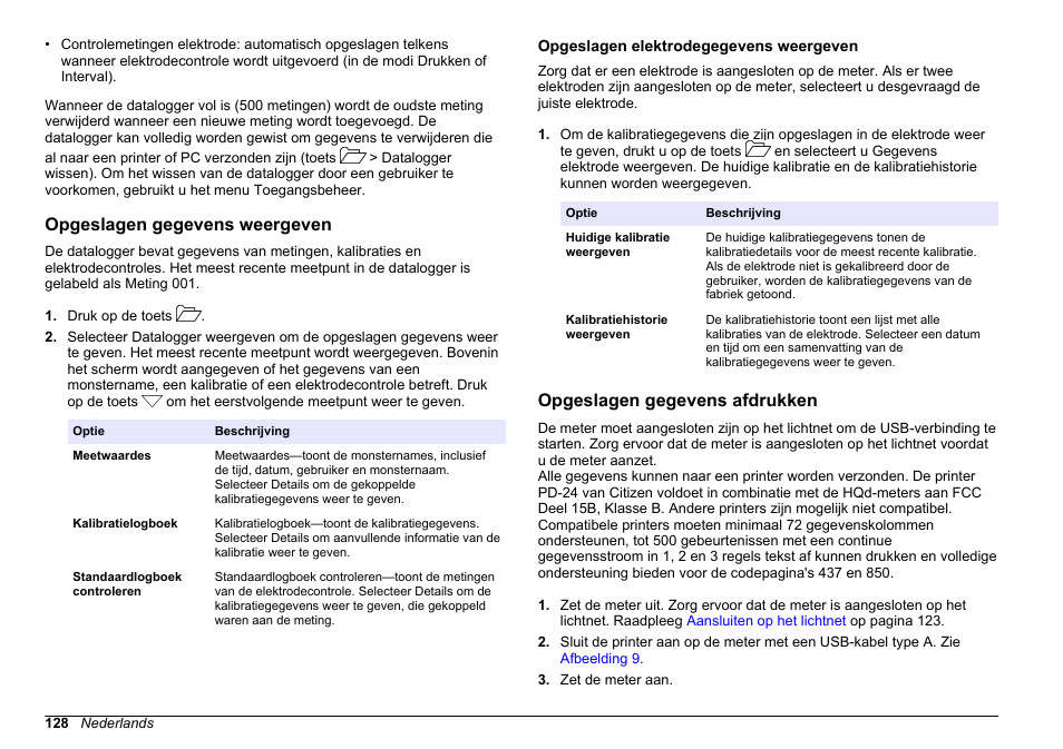 Opgeslagen gegevens weergeven, Opgeslagen elektrodegegevens weergeven, Opgeslagen gegevens afdrukken | Hach-Lange HQ30D Basic User Manual User Manual | Page 128 / 354