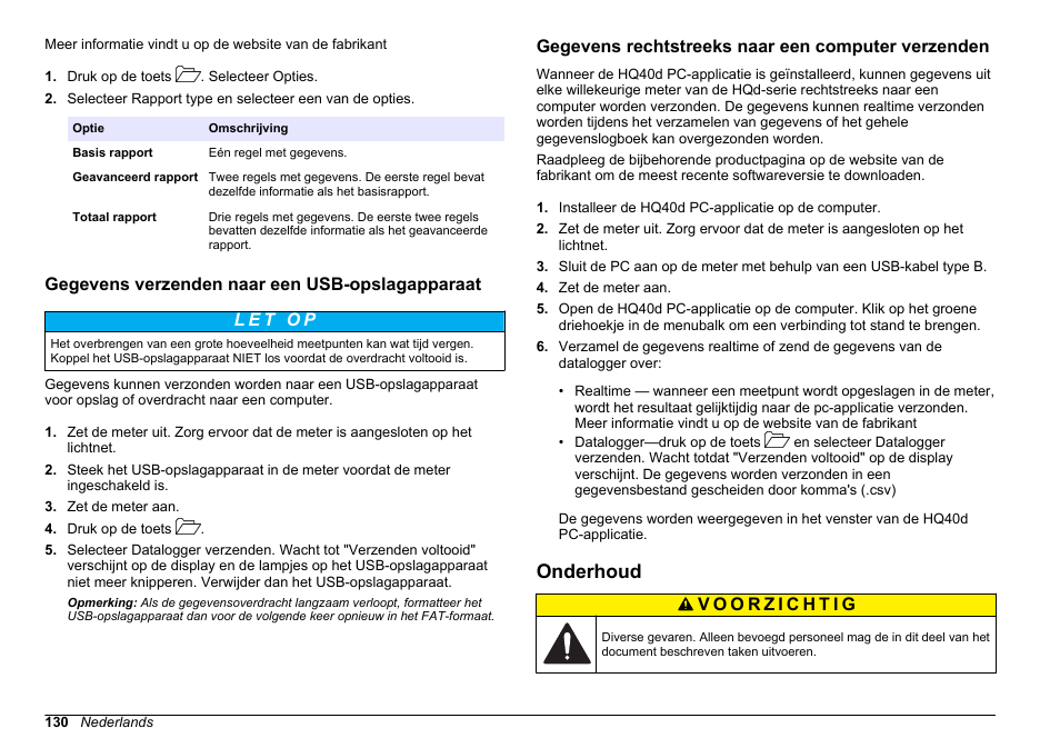 Gegevens verzenden naar een usb-opslagapparaat, Gegevens rechtstreeks naar een computer verzenden, Onderhoud | Hach-Lange HQ30D Basic User Manual User Manual | Page 130 / 354