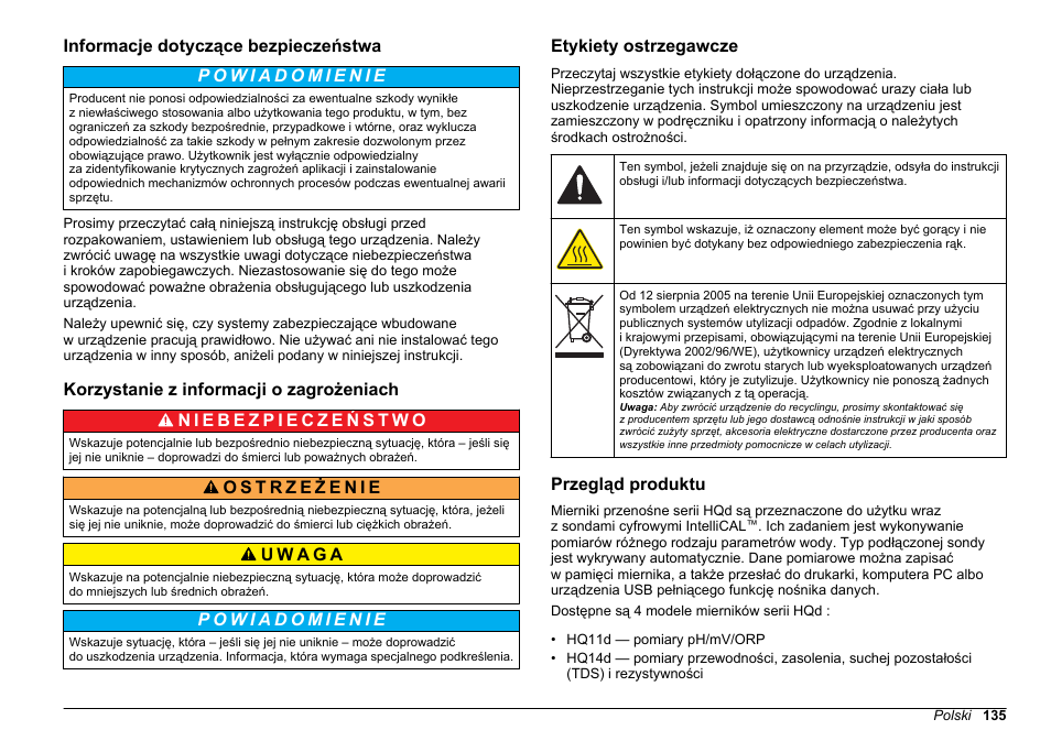 Informacje dotyczące bezpieczeństwa, Korzystanie z informacji o zagrożeniach, Etykiety ostrzegawcze | Przegląd produktu | Hach-Lange HQ30D Basic User Manual User Manual | Page 135 / 354