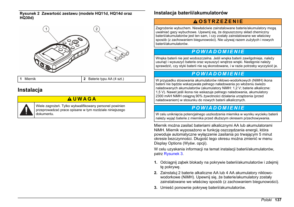Instalacja, Instalacja baterii/‍akumulatorów, Na stronie 137 | Rysunek 2, Elementów zestawu. jeśli brakuje | Hach-Lange HQ30D Basic User Manual User Manual | Page 137 / 354