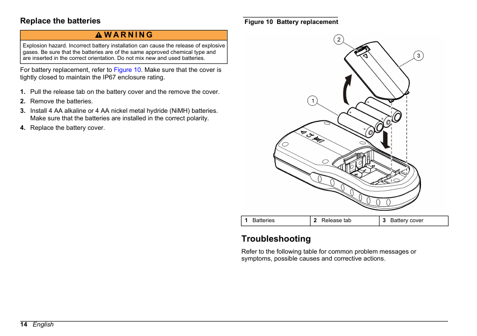 Replace the batteries, Troubleshooting | Hach-Lange HQ30D Basic User Manual User Manual | Page 14 / 354