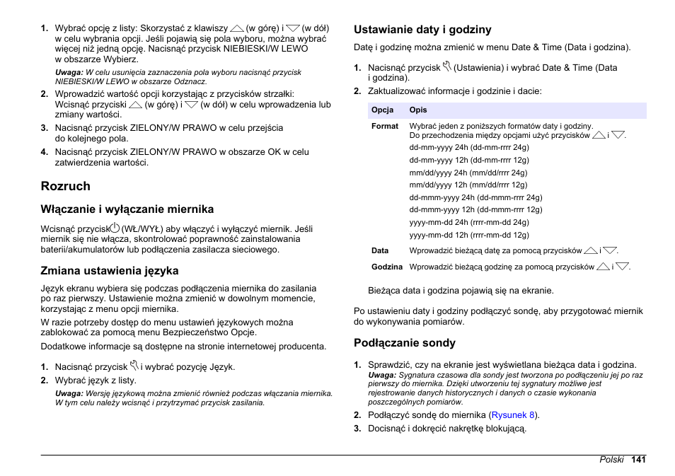 Rozruch, Włączanie i wyłączanie miernika, Zmiana ustawienia języka | Ustawianie daty i godziny, Podłączanie sondy | Hach-Lange HQ30D Basic User Manual User Manual | Page 141 / 354
