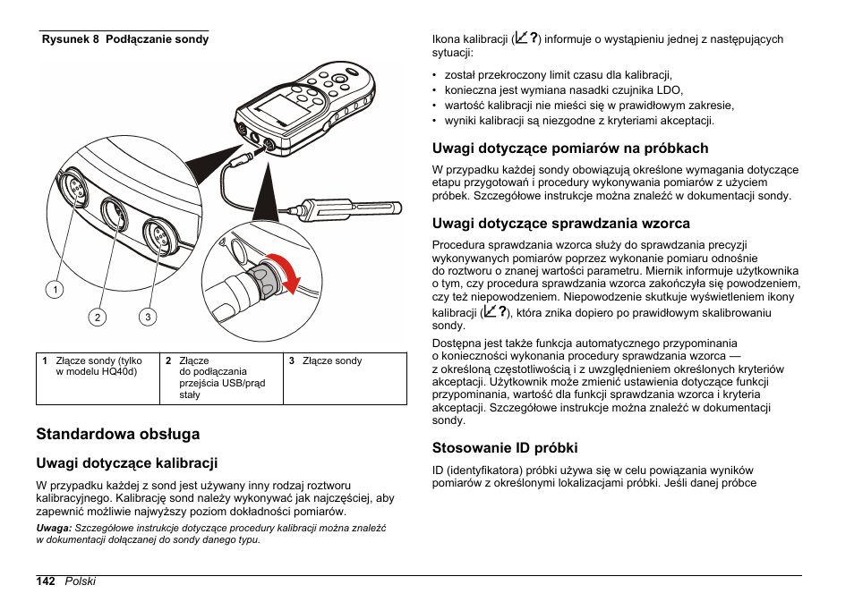 Standardowa obsługa, Uwagi dotyczące kalibracji, Uwagi dotyczące pomiarów na próbkach | Uwagi dotyczące sprawdzania wzorca, Stosowanie id próbki | Hach-Lange HQ30D Basic User Manual User Manual | Page 142 / 354