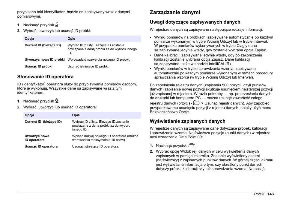 Stosowanie id operatora, Zarządzanie danymi, Uwagi dotyczące zapisywanych danych | Wyświetlanie zapisanych danych | Hach-Lange HQ30D Basic User Manual User Manual | Page 143 / 354