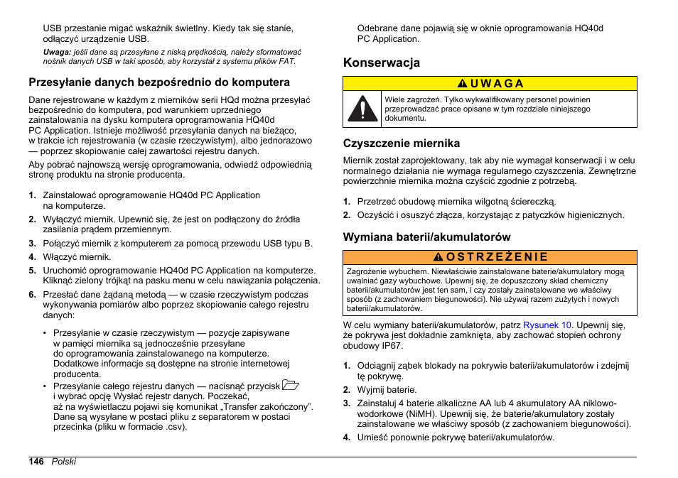 Przesyłanie danych bezpośrednio do komputera, Konserwacja, Czyszczenie miernika | Wymiana baterii/‍akumulatorów, Na stronie 146 | Hach-Lange HQ30D Basic User Manual User Manual | Page 146 / 354