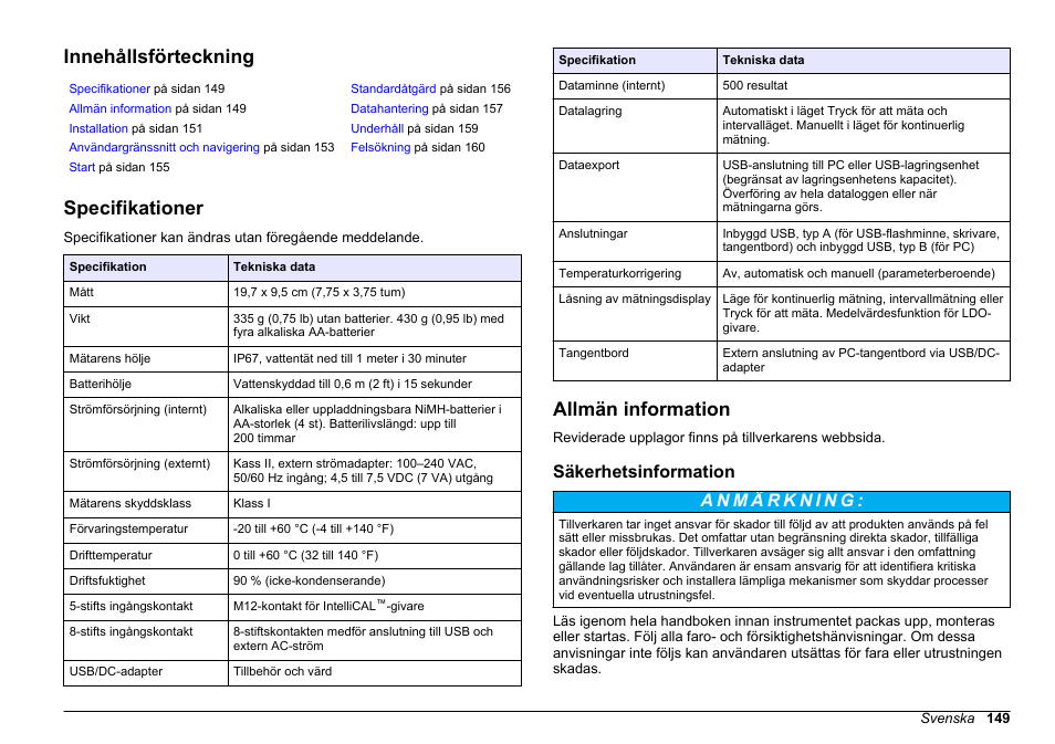 Grundläggande bruksanvisning, Innehållsförteckning, Specifikationer | Allmän information, Säkerhetsinformation, Svenska | Hach-Lange HQ30D Basic User Manual User Manual | Page 149 / 354