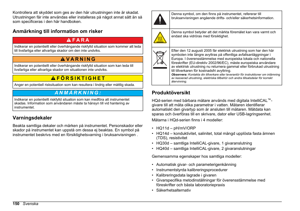 Anmärkning till information om risker, Varningsdekaler, Produktöversikt | Hach-Lange HQ30D Basic User Manual User Manual | Page 150 / 354
