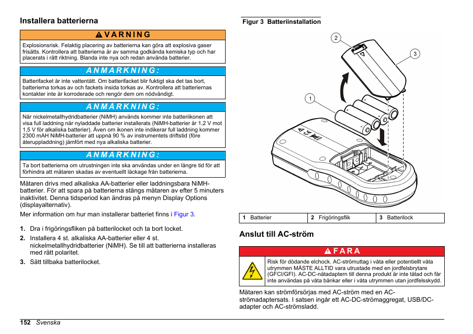 Installera batterierna, Anslut till ac-ström | Hach-Lange HQ30D Basic User Manual User Manual | Page 152 / 354
