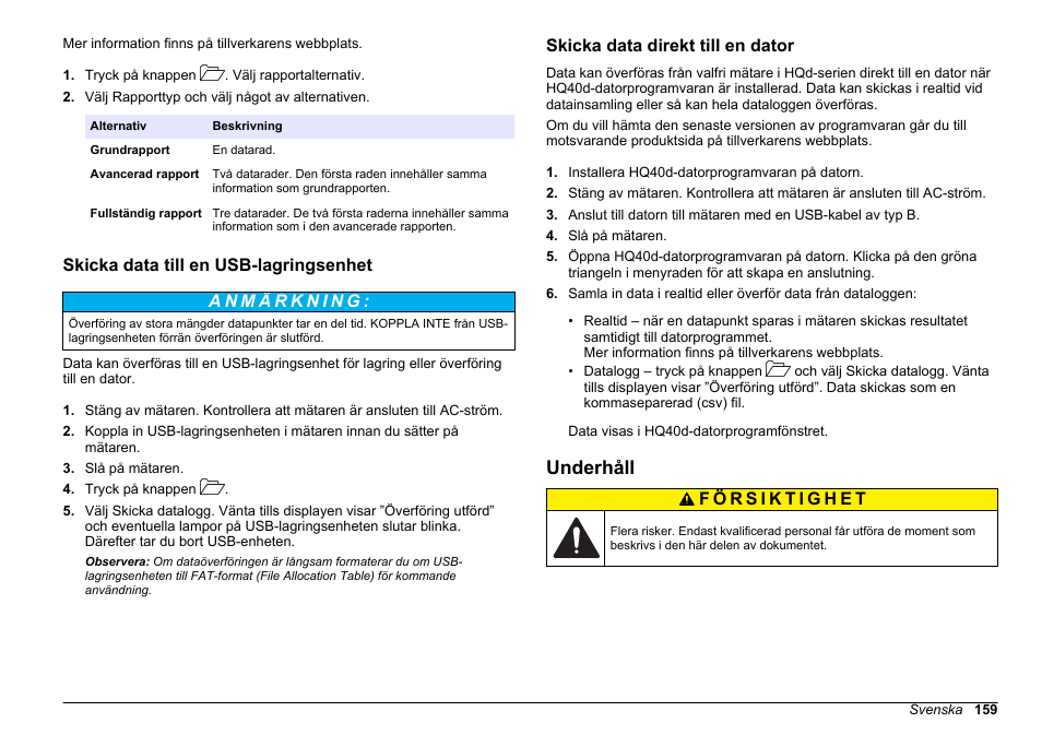 Skicka data till en usb-lagringsenhet, Skicka data direkt till en dator, Underhåll | På sidan 159 | Hach-Lange HQ30D Basic User Manual User Manual | Page 159 / 354