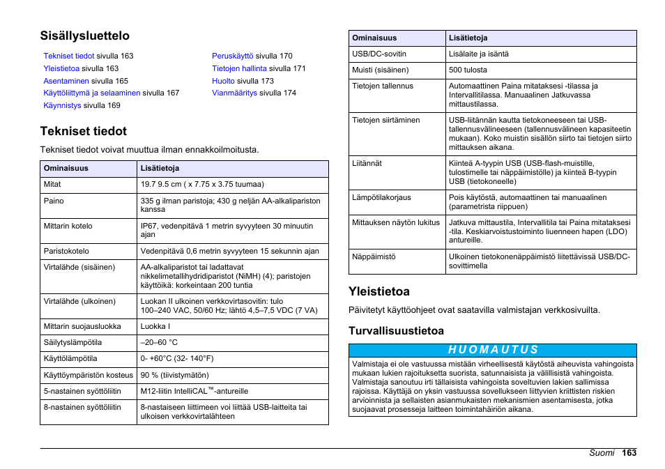 Peruskäyttöohje, Sisällysluettelo, Tekniset tiedot | Yleistietoa, Turvallisuustietoa, Suomi | Hach-Lange HQ30D Basic User Manual User Manual | Page 163 / 354