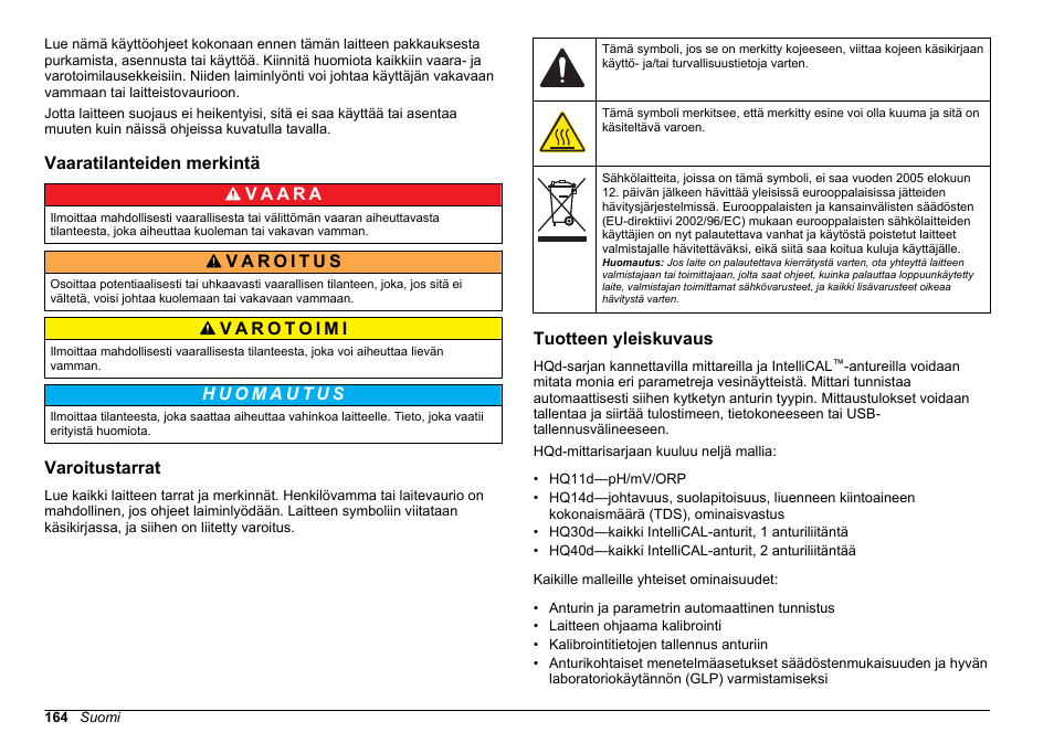 Vaaratilanteiden merkintä, Varoitustarrat, Tuotteen yleiskuvaus | Hach-Lange HQ30D Basic User Manual User Manual | Page 164 / 354