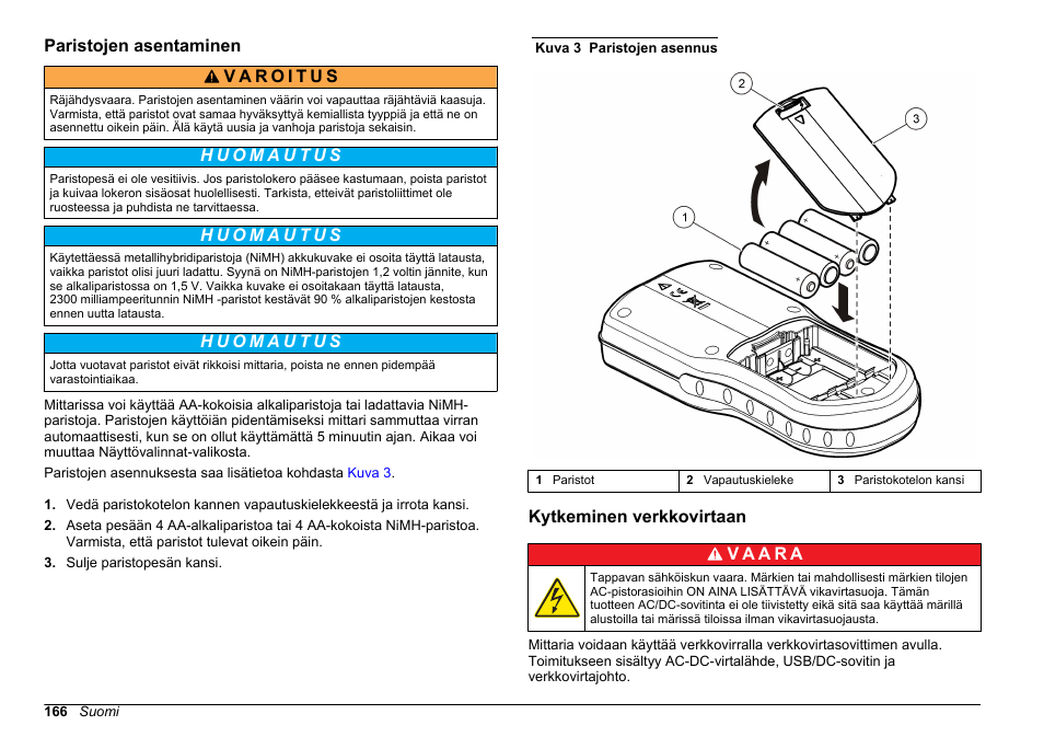 Paristojen asentaminen, Kytkeminen verkkovirtaan | Hach-Lange HQ30D Basic User Manual User Manual | Page 166 / 354