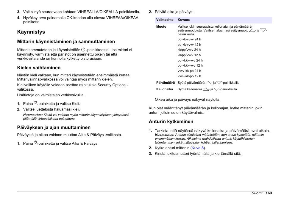 Käynnistys, Mittarin käynnistäminen ja sammuttaminen, Kielen vaihtaminen | Päiväyksen ja ajan muuttaminen, Anturin kytkeminen, Sivulla 169 | Hach-Lange HQ30D Basic User Manual User Manual | Page 169 / 354