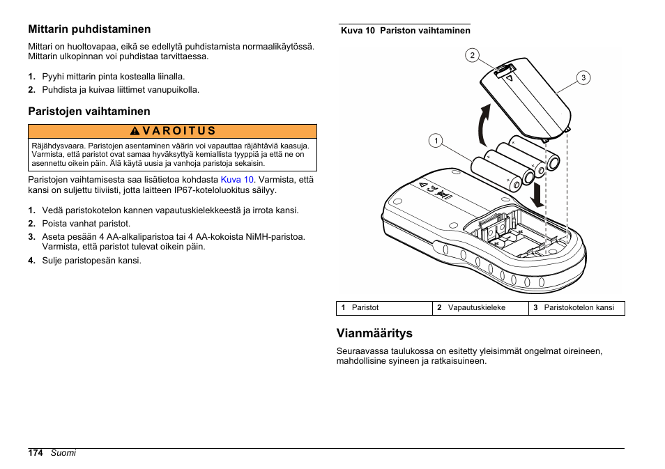 Mittarin puhdistaminen, Paristojen vaihtaminen, Vianmääritys | Hach-Lange HQ30D Basic User Manual User Manual | Page 174 / 354