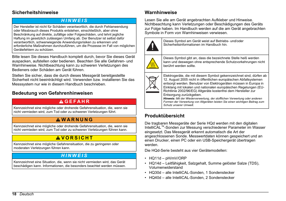 Sicherheitshinweise, Bedeutung von gefahrenhinweisen, Warnhinweise | Produktübersicht | Hach-Lange HQ30D Basic User Manual User Manual | Page 18 / 354