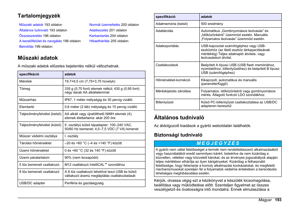 Alap felhasználói kézikönyv, Tartalomjegyzék, Műszaki adatok | Általános tudnivaló, Biztonsági tudnivaló, Magyar | Hach-Lange HQ30D Basic User Manual User Manual | Page 193 / 354