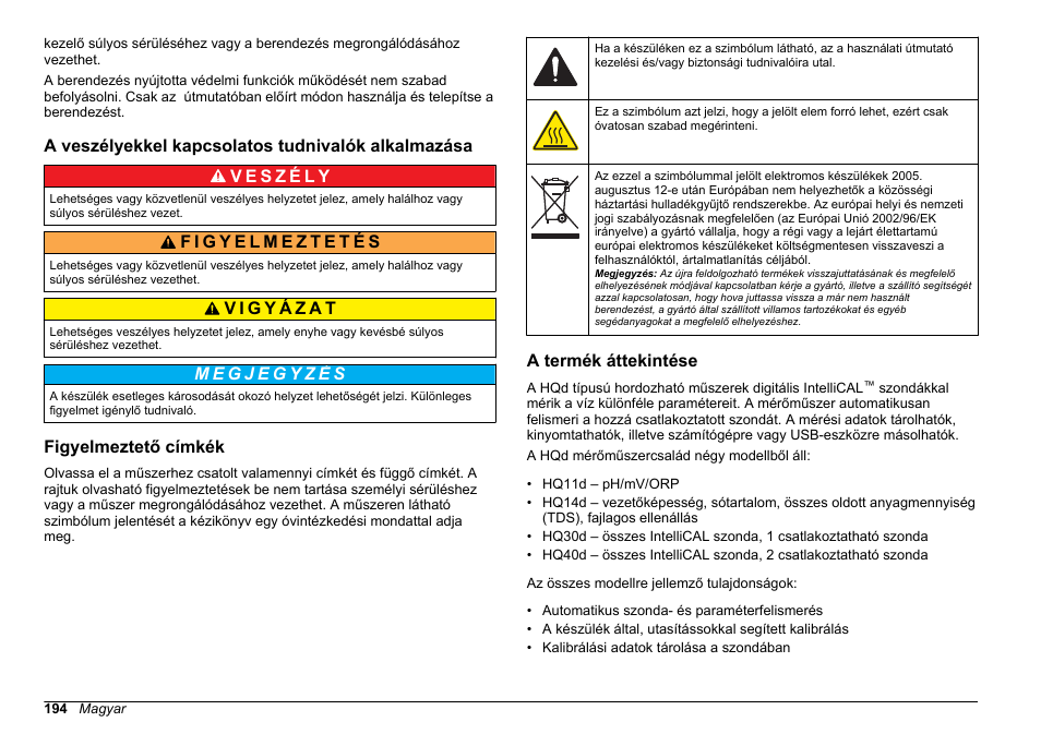 A veszélyekkel kapcsolatos tudnivalók alkalmazása, Figyelmeztető címkék, A termék áttekintése | Hach-Lange HQ30D Basic User Manual User Manual | Page 194 / 354