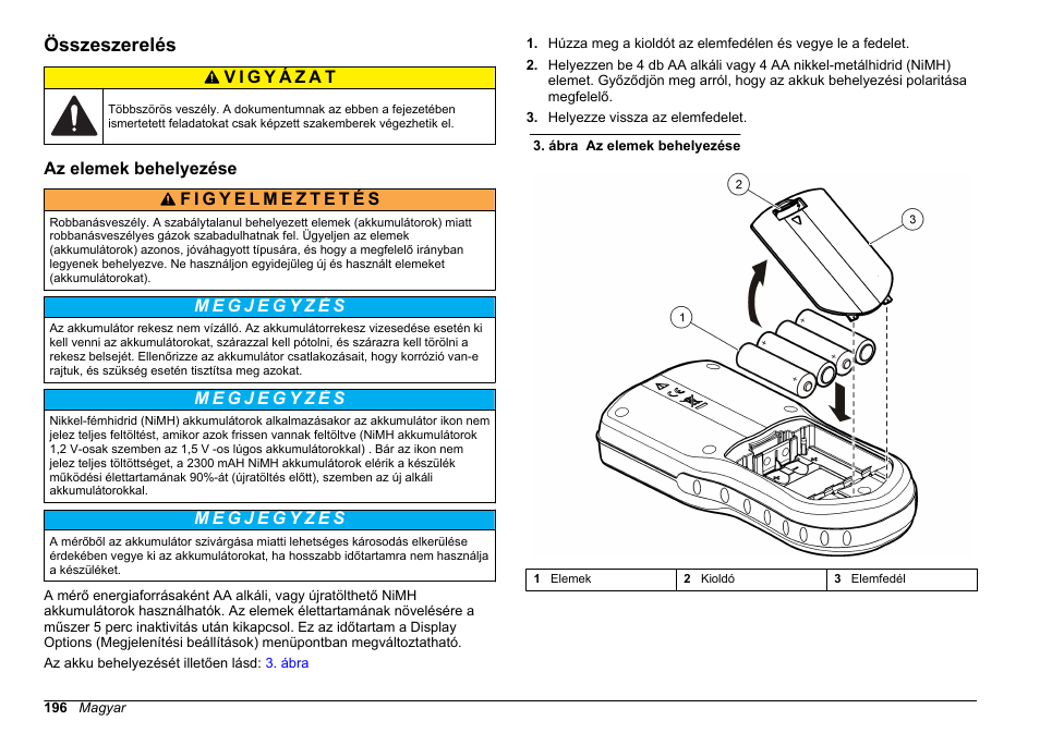 Összeszerelés, Az elemek behelyezése | Hach-Lange HQ30D Basic User Manual User Manual | Page 196 / 354