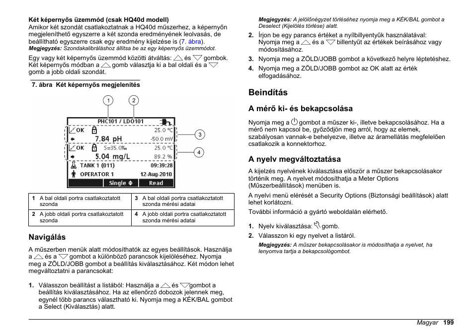 Navigálás, Beindítás, A mérő ki- és bekapcsolása | A nyelv megváltoztatása | Hach-Lange HQ30D Basic User Manual User Manual | Page 199 / 354