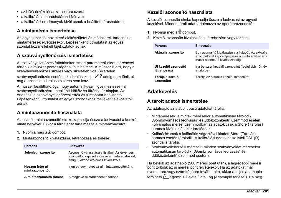 A mintamérés ismertetése, A szabványellenőrzés ismertetése, A mintaazonosító használata | Kezelői azonosító használata, Adatkezelés, A tárolt adatok ismertetése | Hach-Lange HQ30D Basic User Manual User Manual | Page 201 / 354