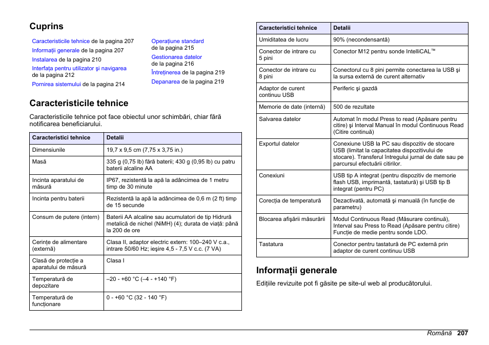 Manual de bază al utilizatorului, Cuprins, Caracteristicile tehnice | Informaţii generale, Română | Hach-Lange HQ30D Basic User Manual User Manual | Page 207 / 354