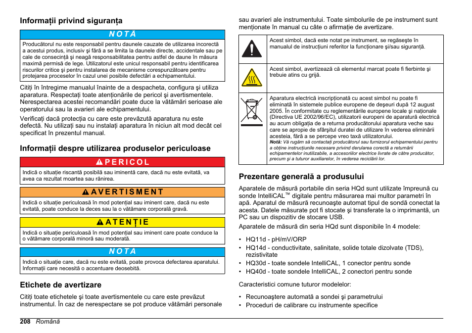 Informaţii privind siguranţa, Etichete de avertizare, Prezentare generală a produsului | Hach-Lange HQ30D Basic User Manual User Manual | Page 208 / 354