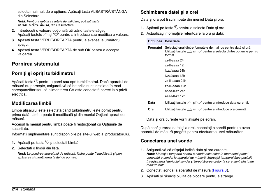 Pornirea sistemului, Porniţi şi opriţi turbidimetrul, Modificarea limbii | Schimbarea datei şi a orei, Conectarea unei sonde | Hach-Lange HQ30D Basic User Manual User Manual | Page 214 / 354