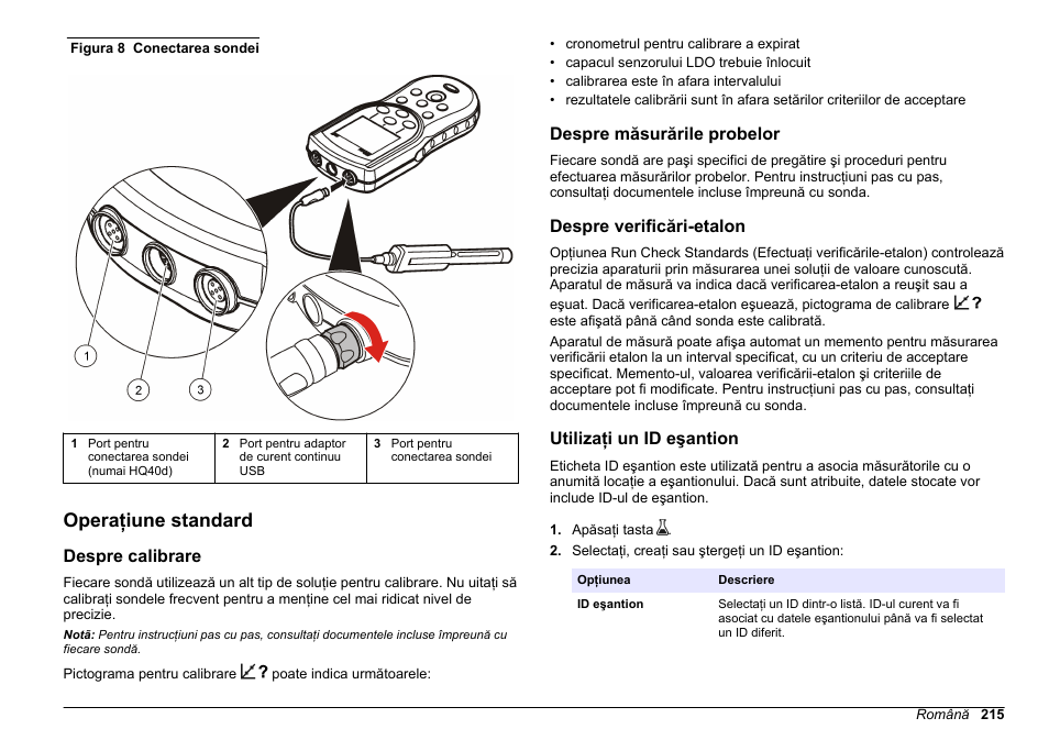 Operaţiune standard, Despre calibrare, Despre măsurările probelor | Despre verificări-etalon, Utilizaţi un id eşantion | Hach-Lange HQ30D Basic User Manual User Manual | Page 215 / 354