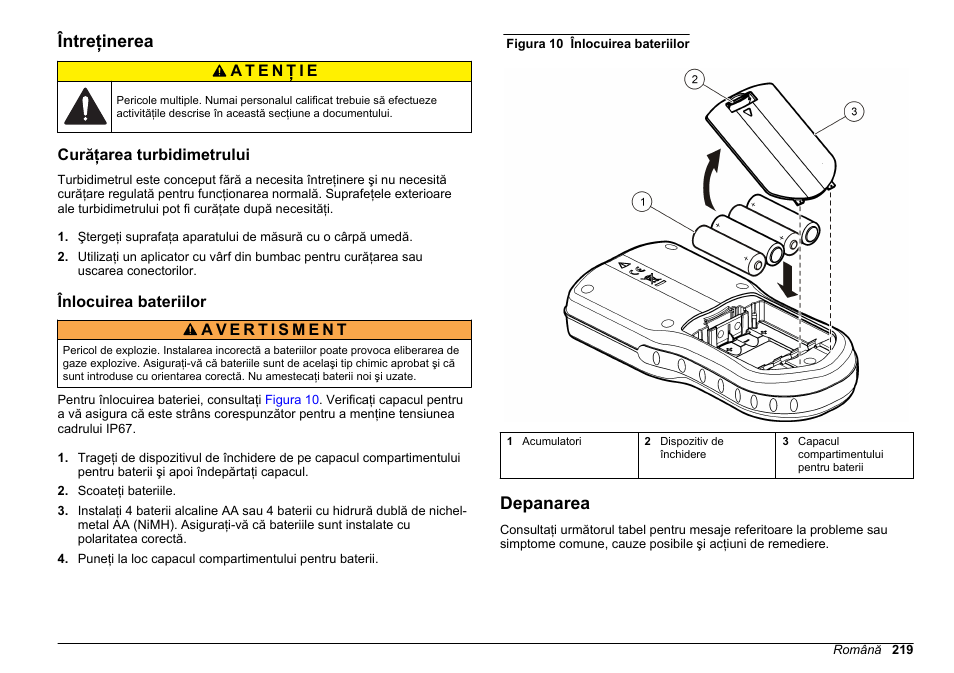 Întreţinerea, Curăţarea turbidimetrului, Înlocuirea bateriilor | Depanarea | Hach-Lange HQ30D Basic User Manual User Manual | Page 219 / 354