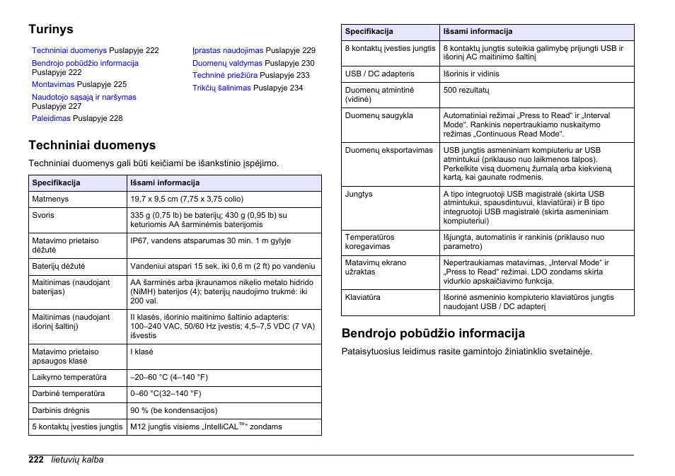 Bendroji naudotojo instrukcija, Turinys, Techniniai duomenys | Bendrojo pobūdžio informacija, Lietuvių kalba | Hach-Lange HQ30D Basic User Manual User Manual | Page 222 / 354