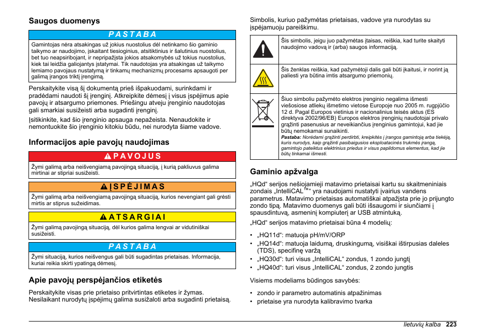 Saugos duomenys, Informacijos apie pavojų naudojimas, Apie pavojų perspėjančios etiketės | Gaminio apžvalga | Hach-Lange HQ30D Basic User Manual User Manual | Page 223 / 354