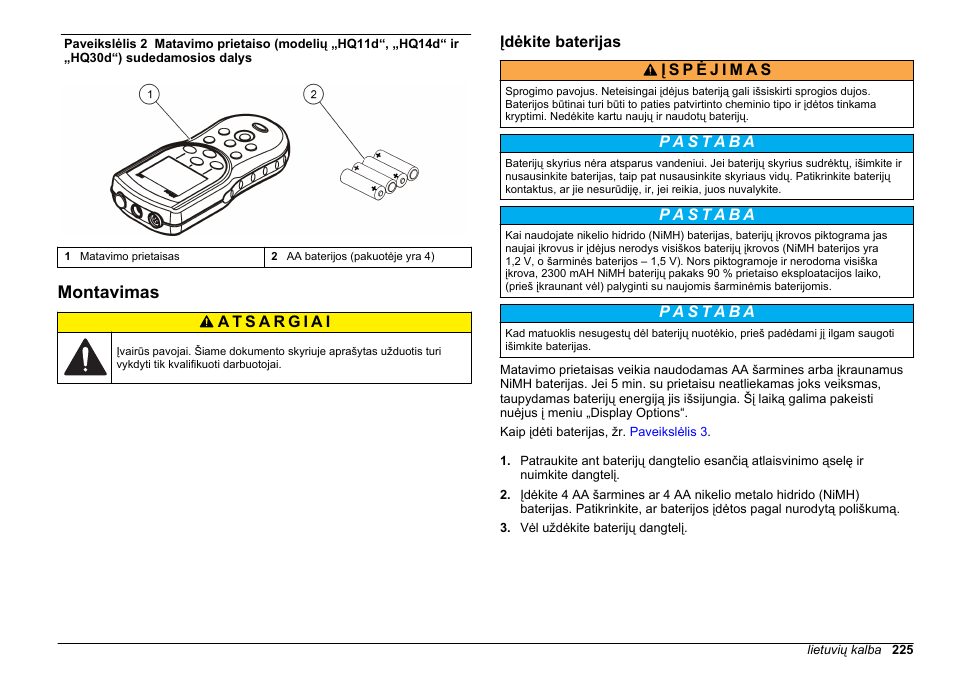 Montavimas, Įdėkite baterijas, Puslapyje | Hach-Lange HQ30D Basic User Manual User Manual | Page 225 / 354