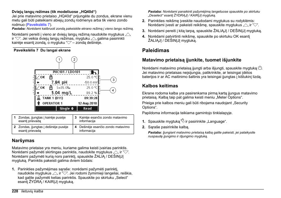 Naršymas, Paleidimas, Matavimo prietaisą įjunkite, tuomet išjunkite | Kalbos keitimas | Hach-Lange HQ30D Basic User Manual User Manual | Page 228 / 354