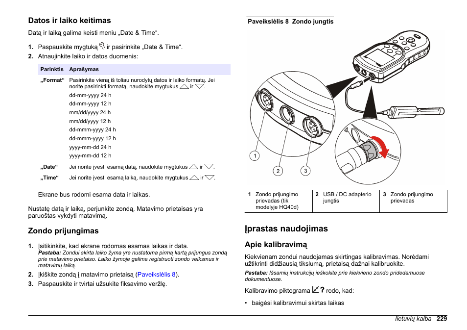 Datos ir laiko keitimas, Zondo prijungimas, Įprastas naudojimas | Apie kalibravimą, Puslapyje 229 | Hach-Lange HQ30D Basic User Manual User Manual | Page 229 / 354